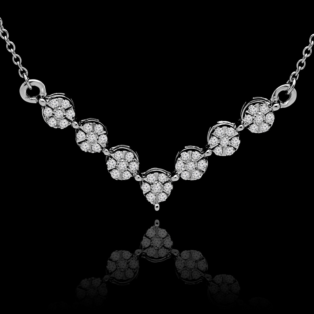 Round Cut Diamond V-Shape Cluster Pendant Necklace in White Gold 