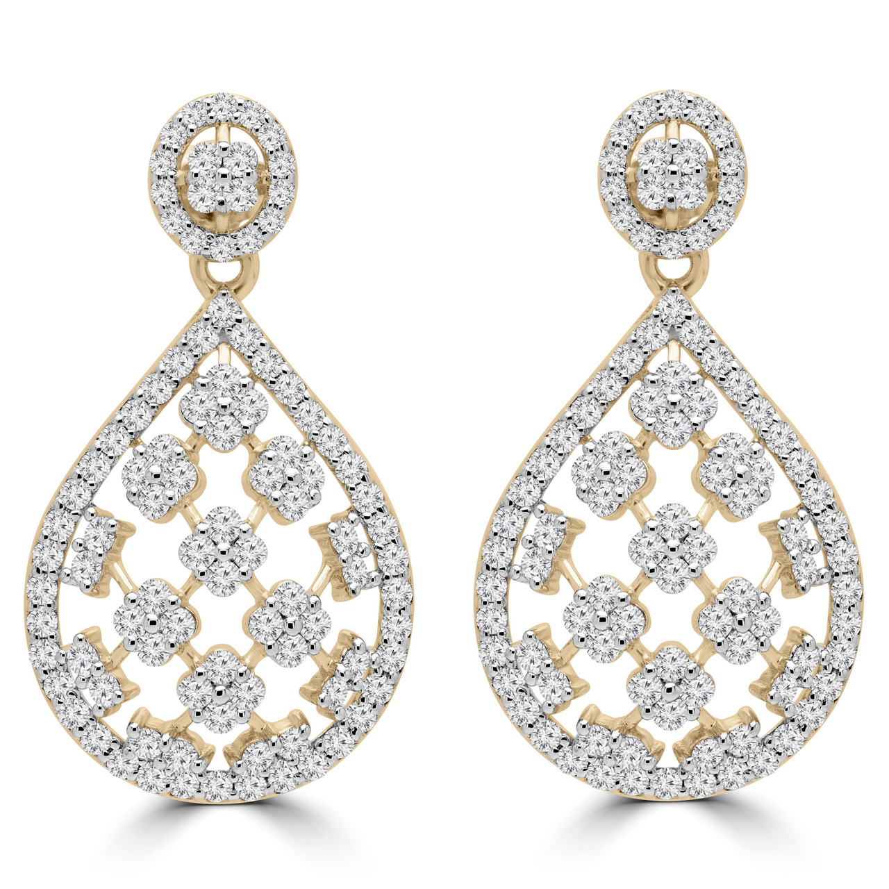 Round Cut Diamond Cushion Cluster Drop/Dangle Earrings in Yellow Gold