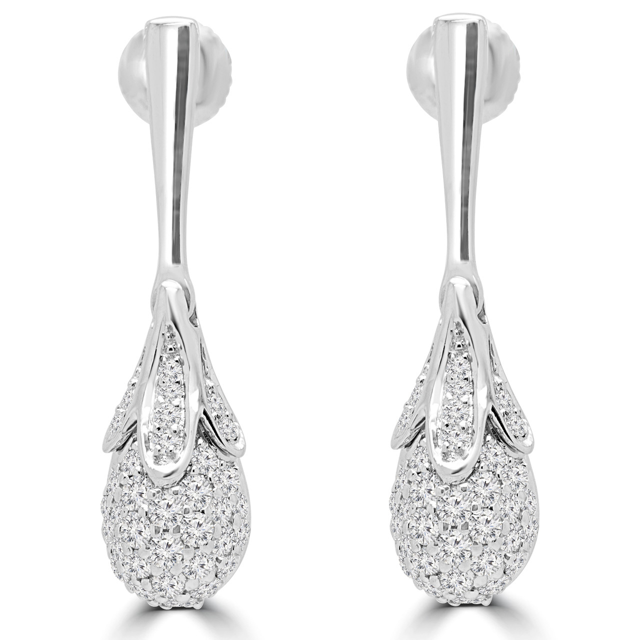 Round Cut Diamond Cluster Drop/Dangle Earrings in White Gold 