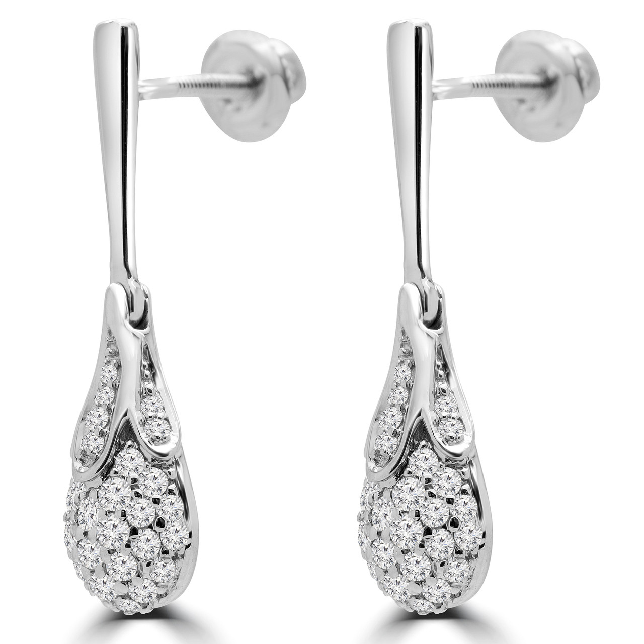 Round Cut Diamond Cluster Drop/Dangle Earrings in White Gold - #