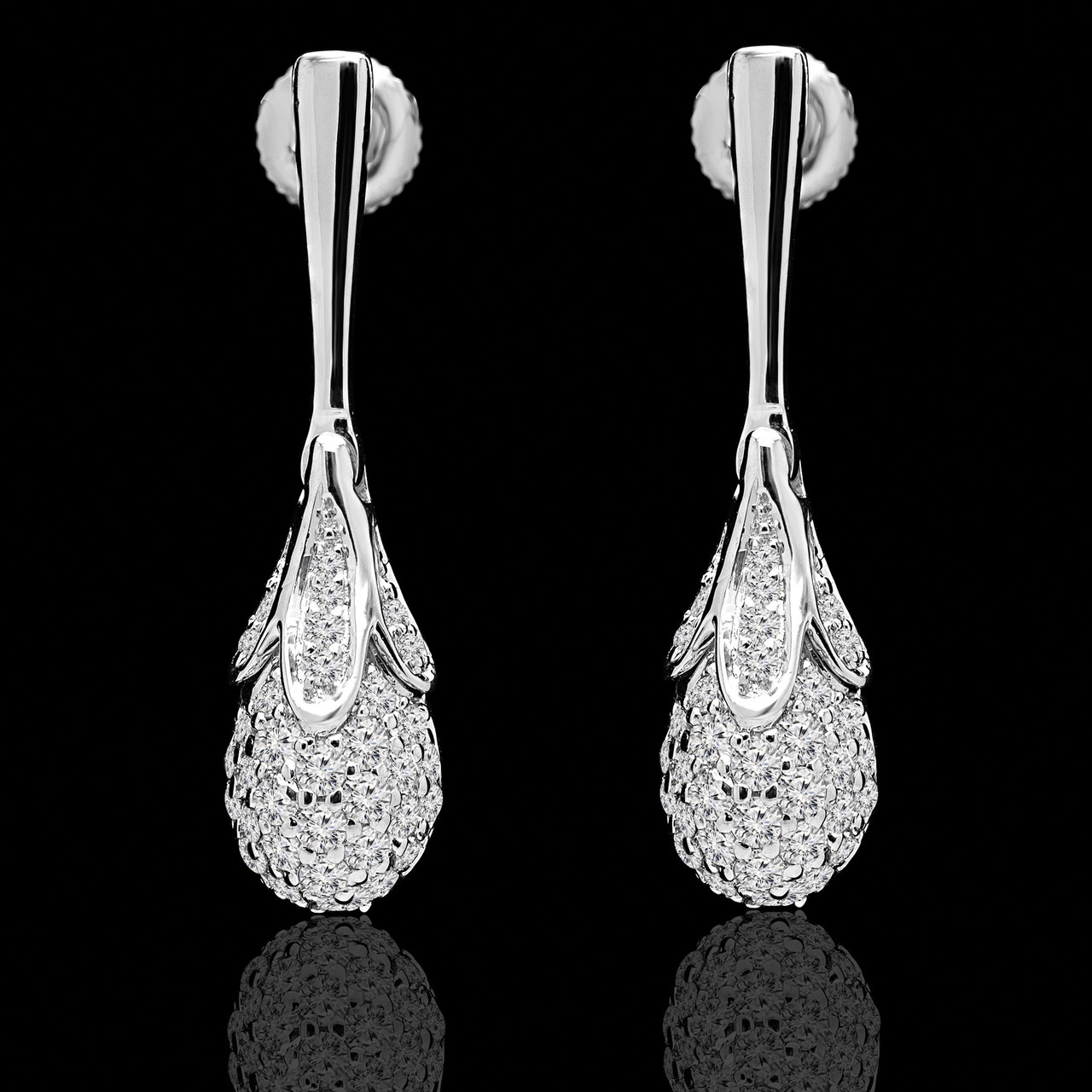 Round Cut Diamond Cluster Drop/Dangle Earrings in White Gold 