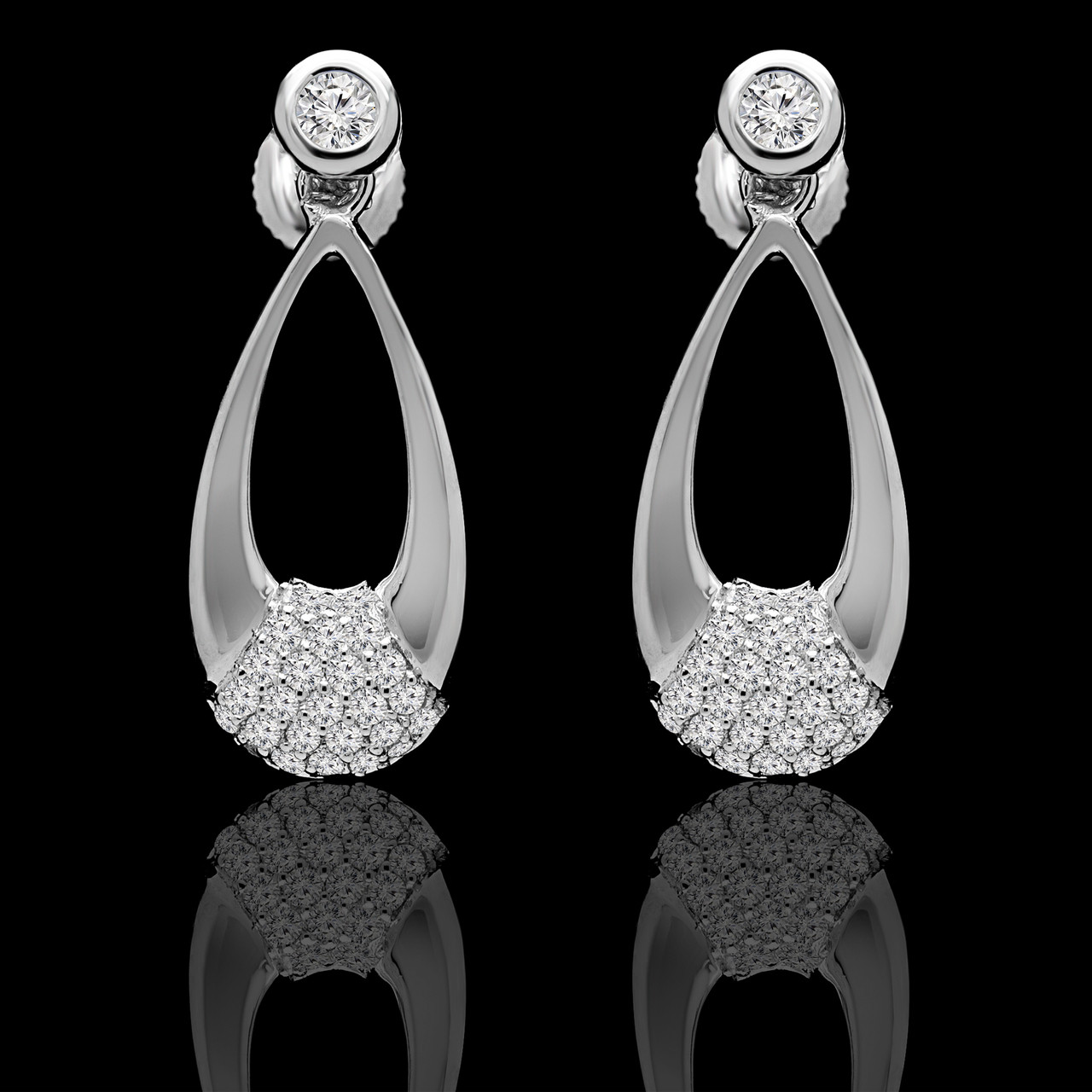 Round Cut Diamond Cluster Drop/Dangle Earrings in White Gold - #