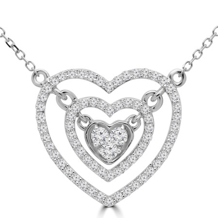 Round Cut Diamond Double Halo Cluster Heart Pendant Necklace in White Gold With Chain - PD000425A-W