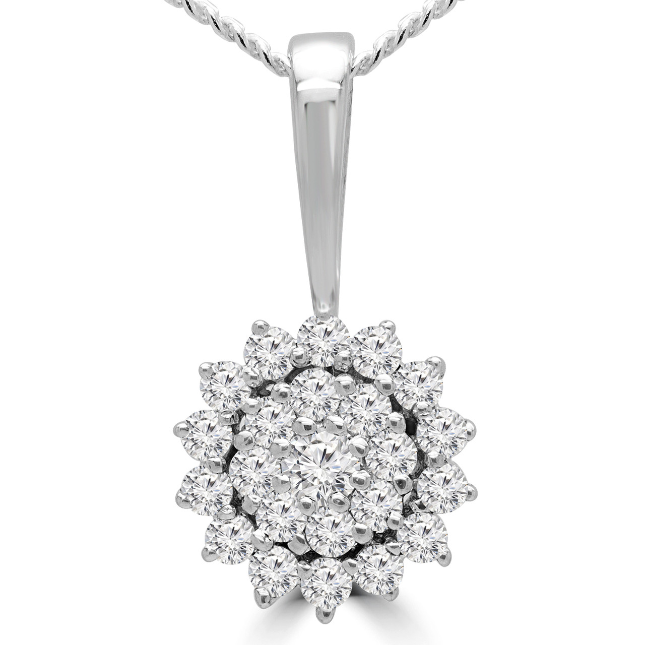 Round Cut Diamond Floral Halo Cluster Pendant Necklace in White Gold ...