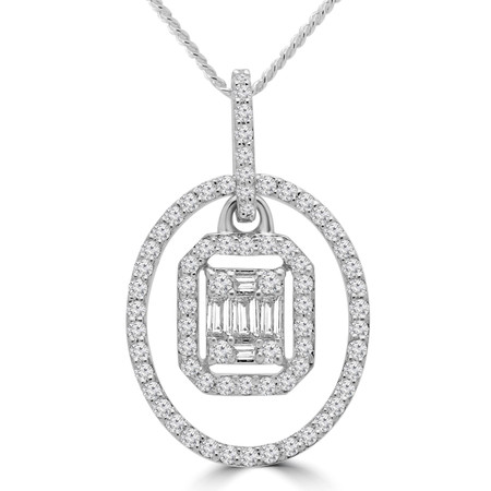 Baguette Cut Diamond Oval Halo Cluster Pendant Necklace in White Gold With Chain - PD000440A-W