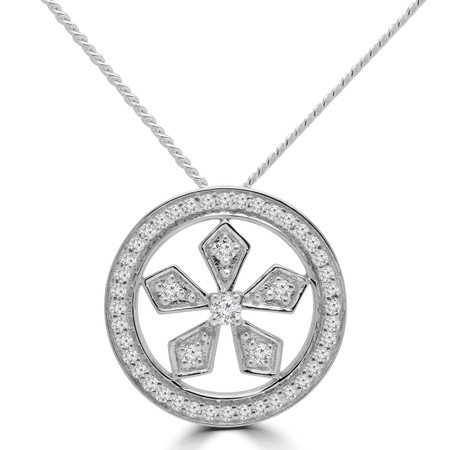 Round Cut Diamond Floral Halo Pendant Necklace in White Gold With Chain - PD000422A-W