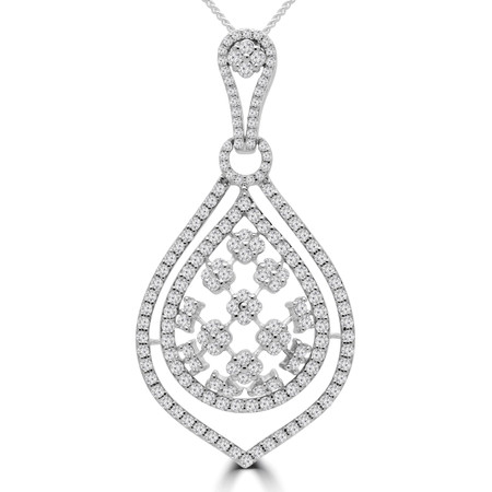 Round Cut Diamond Large Double Halo Cluster Pendant Necklace in White Gold With Chain - PD000439A-W