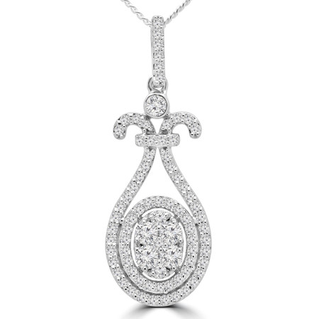 Round Cut Diamond Double Halo Oval Cluster Pendant Necklace in White Gold With Chain - PD000426A-W