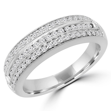 Round Cut Diamond Three-row Semi-Eternity Wedding Band Ring in White Gold - HR3760-B-W