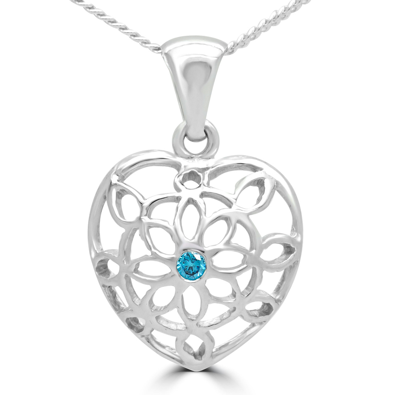 Round Blue Diamond Heart Pendant Necklace In White Gold With Chain