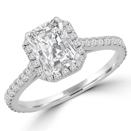 Radiant Cut Diamond Multi-Stone 4-Prong Halo Engagement Ring with Round Diamond Accents in White Gold - #EMERALD-RAD-W