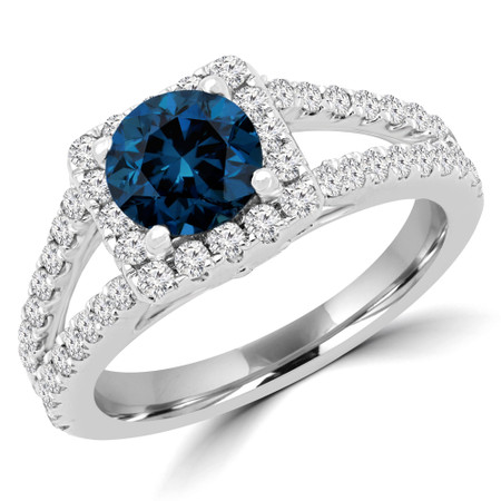 Round Blue Diamond Halo Engagement Ring in White Gold - #HR6200-NEW-BLUE-W