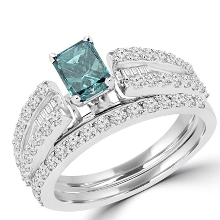 Radiant Blue Diamond Split Shank Multi-stone Engagement Ring and Wedding Band Set Ring in White Gold - #FCIROC8506-W