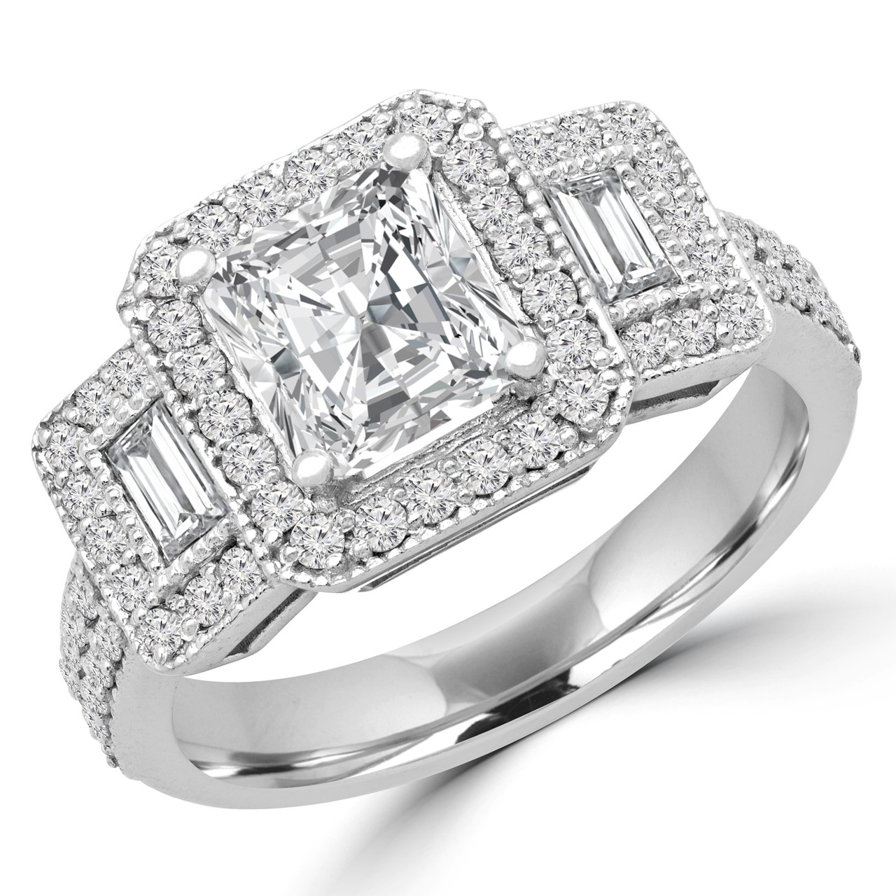 Radiant Diamond Halo Three-stone Engagement Ring in White Gold - # ...