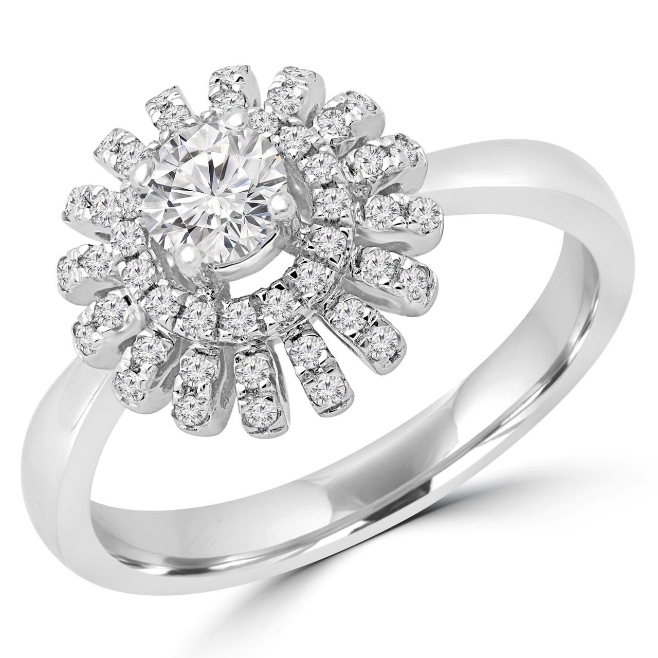 Round Diamond Floral Motif Halo Engagement Ring in White Gold -  #RG000071A-W - Bijoux Majesty