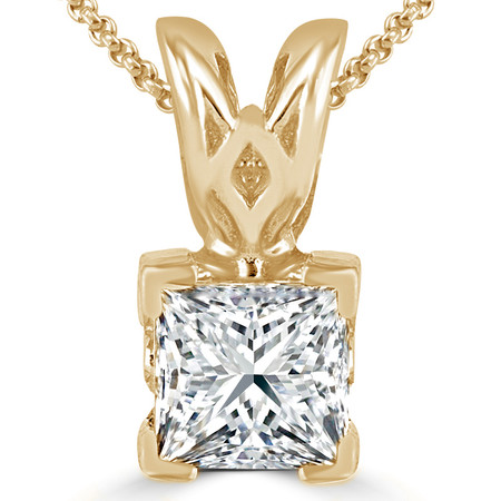 Princess Cut Diamond Solitaire V-Prong Decorative-Bail Pendant Necklace with Chain in Yellow Gold - #PSF-Y