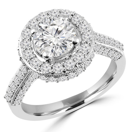 Round Cut Diamond Multi-Stone 4-Prong Vintage Cathedral-Set Halo Engagement Ring with Round Diamond Accents in White Gold - #HR6260-W