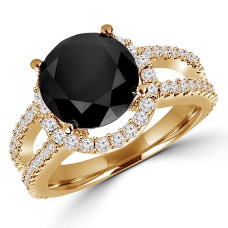 Round Cut Black Diamond Multi-Stone Split-Shank 4-Prong Halo Engagement Ring with Round White Diamond Accents in Yellow Gold - #HR6265-Y-BLK
