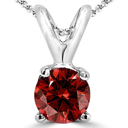 Round Cut Red Diamond Solitaire 4-Prong Pendant Necklace with Chain in White Gold - #P4R-W-RED