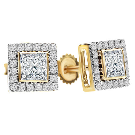 Princess Cut Diamond Multi-Stone Bezel-Set Halo Vintage Stud Earrings with Round Diamond Accents in Yellow Gold - #HE4892-Y-PR