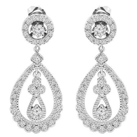 Round Cut Diamond Dangle Drop Vintage Multi-Stone Shared-Prong Teardrop Shape Earrings in White Gold - #E301