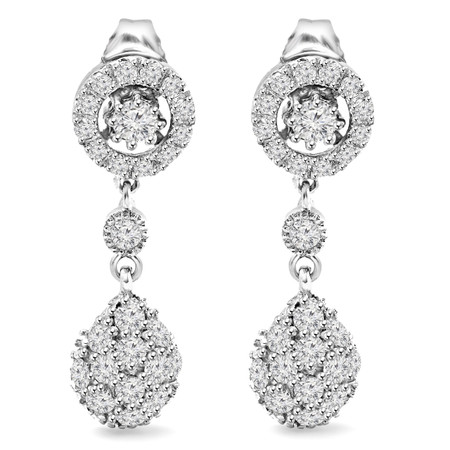 Round Cut Diamond Dangle Drop Vintage Multi-Stone Shared-Prong Earrings with Pushbacks in White Gold - #E299