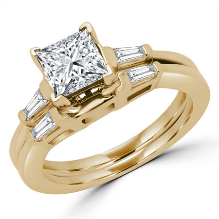Princess Cut Diamond Multi-Stone V-Prong Engagement Ring & Wedding Band Bridal Set with Baguette Cut Diamond Accents in Yellow Gold - #HR8092A-B-Y