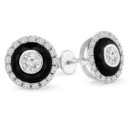 Round Cut White Diamond Bezel-Set Inside Black Diamond Multi-Stone Halo Stud Earrings with Round White Diamond Accents in White Gold - #SIMION