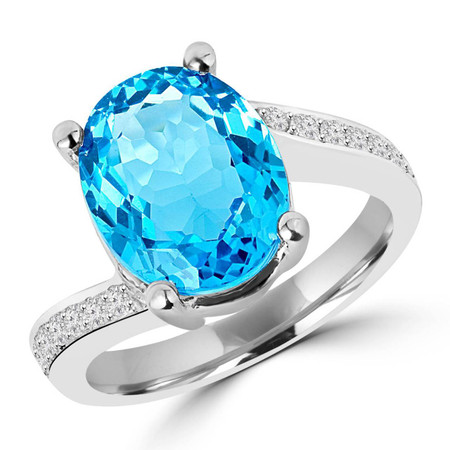 Oval Cut Blue Topaz Gemstone Multi-Stone 4-Prong Cocktail Ring with Round White Diamond Accents in White Gold - #IMP-R-L-W-OV-TOP