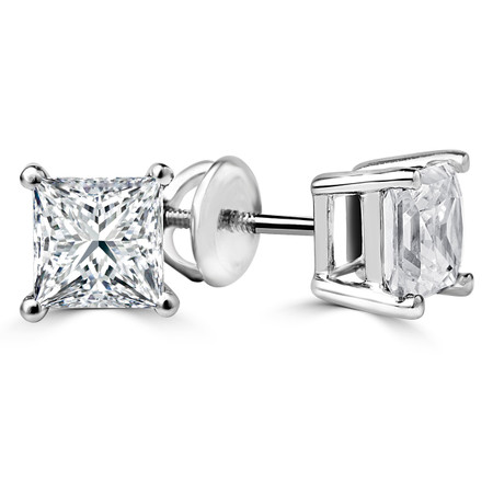Princess Cut Diamond Solitaire 4-Prong Stud Earrings with Screwbacks in White Gold - #S415-W