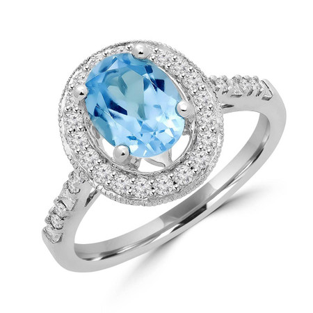 Oval Cut Blue Topaz Gemstone Multi-Stone 4-Prong Halo Cocktail Ring with Round Diamond Accents in White Gold - #HR6224-W-TOUR