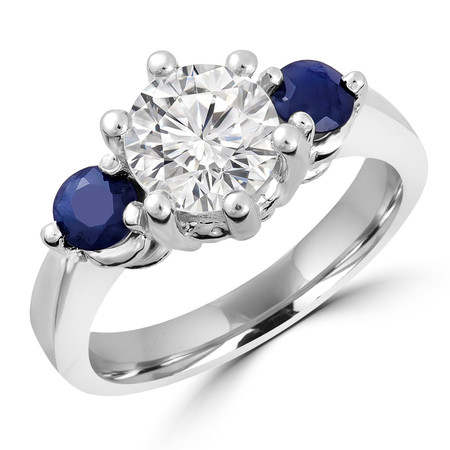 Round Cut Diamond & Blue Sapphire Gemstone Three-Stone 6-Prong Engagement Ring in White Gold - #IMP-R-A-W-SAP-ACC