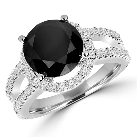 Round Cut Black Diamond Multi-Stone Split-Shank 4-Prong Halo Engagement Ring with Round White Diamond Accents in White Gold - #HR6265-W-BLK