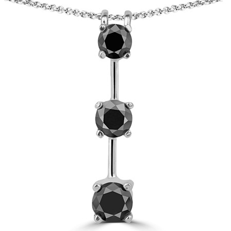 Round Cut Black Diamond Three-Stone 4-Prong Stick Pendant Necklace with Chain in White Gold - #R753L-W-BLK
