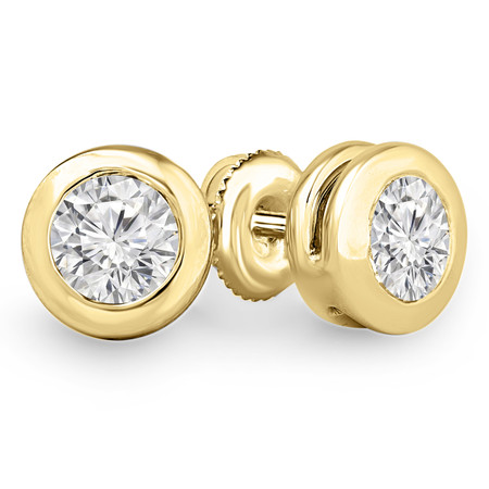 Round Cut Diamond Solitaire Bezel-Set Stud Earrings with Pushbacks in Yellow Gold - #ER1000-Y