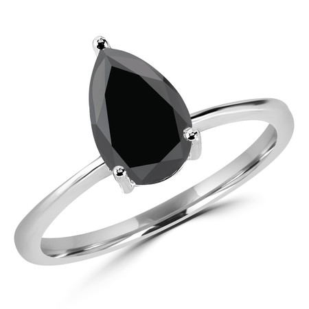 Pear Cut Black Diamond Solitaire 3-Prong Engagement Ring in White Gold - #10071-W
