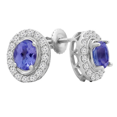 Oval Cut Purple Tanzanite Gemstone Multi-Stone 4-Prong Halo Stud Earrings with Round White Diamond Accents & Screwbacks in White Gold - #IETQ5059-W-TAN