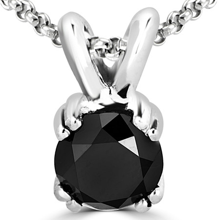 Round Cut Black Diamond Solitaire 4 Double-Prong Pendant Necklace with Chain in White Gold - #R790R-W-BLK