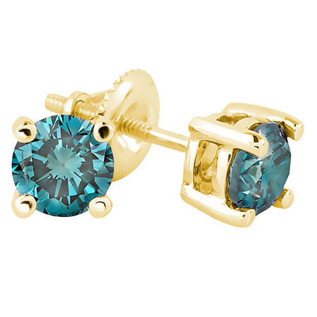 Round Cut Blue Diamond Solitaire 4-Prong Stud Earrings with Screwbacks in Yellow Gold - #R418-Y-BLUE