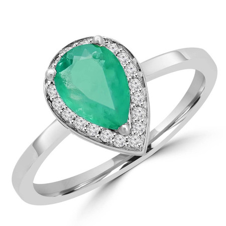 Pear Cut Green Emerald Gemstone Multi-Stone 3-Prong Halo Fashion Cocktail Ring with Round Diamond Accents in White Gold - #HR10067-W-PE-EM