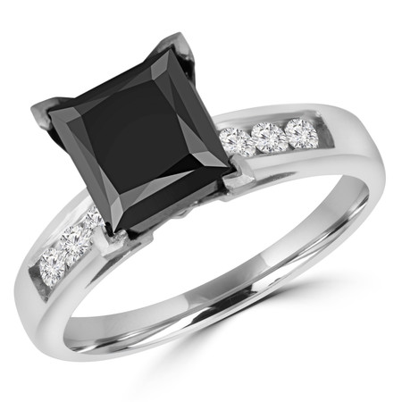 Princess Cut Black Diamond Multi-Stone 6-Prong Engagement Ring with Round White Diamond Channel-Set Accents in White Gold - #SM512-W-PR-BLK