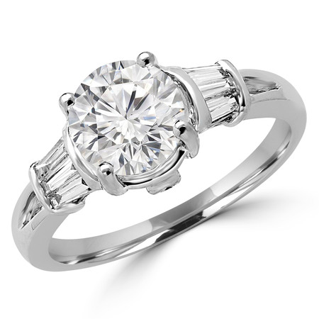 Round Cut Diamond Multi-Stone 4-Prong Vintage Engagement Ring with Baguette Cut Diamond Accents in White Gold - #RD6421J-W