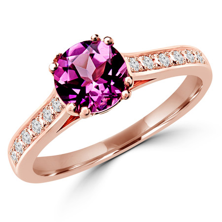 Round Cut Pink Tourmaline Gemstone Multi-Stone 4 Double-Prong Cathedral-Set Vintage Engagement Ring with Round White Diamond Accents in Rose Gold - #SM2361-R-TOUR