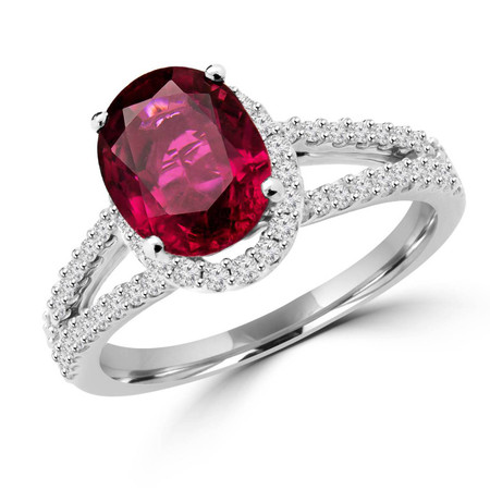 Oval Cut Pink Tourmaline Gemstone Multi-Stone Split-Shank 4-Prong Halo Cocktail Ring with Round Diamond Accents in White Gold - #HR6196-W-OV-TOUR