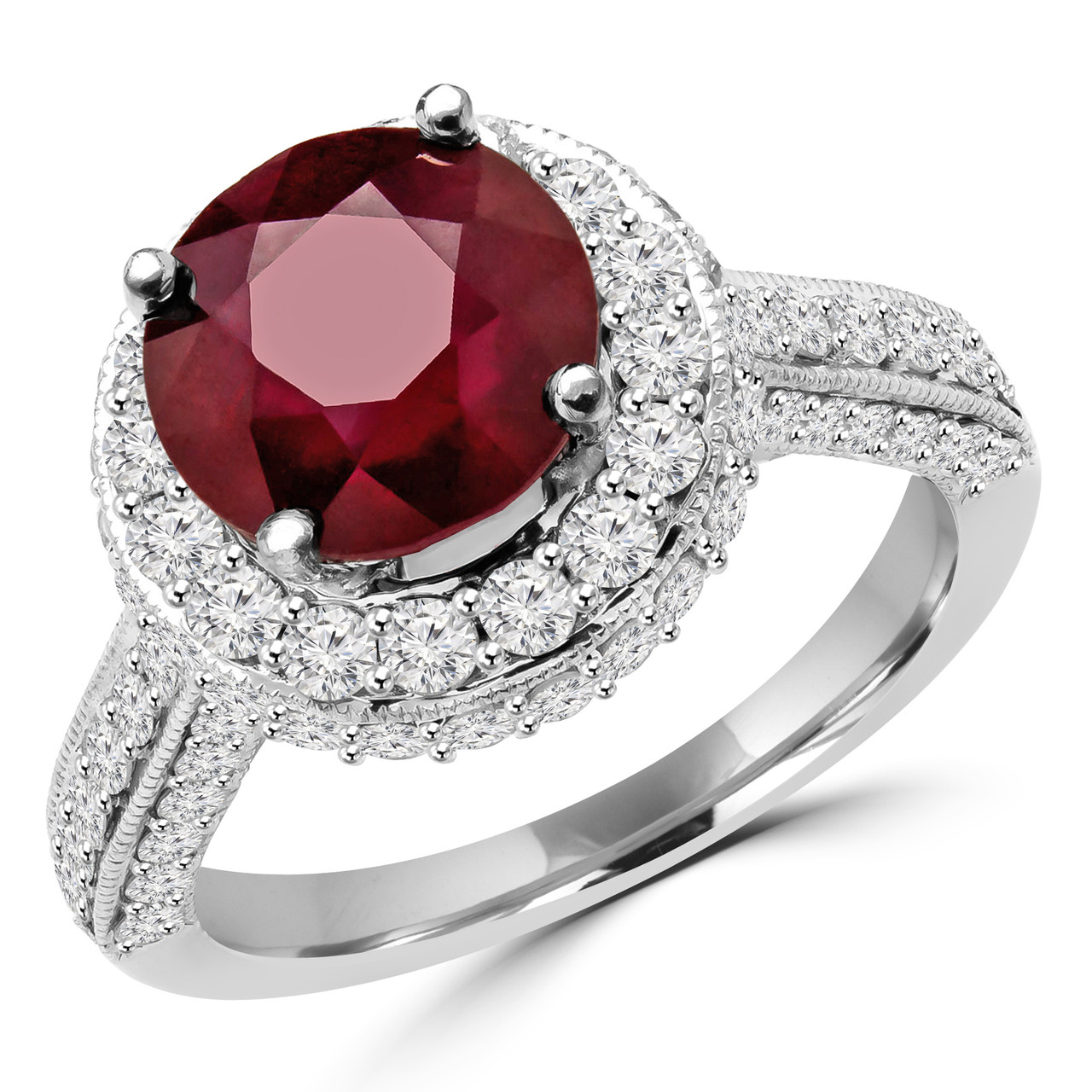 Three Stone Round Ruby ring with Round Side Diamonds and Pave Diamond  Accents (1.54cttw) AAAA Quality