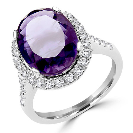 Oval Cut Purple Iolite Gemstone Multi-Stone 4-Prong Halo Ring with Round Diamond Accents in White Gold - #FRHT9941-W-IO