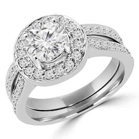 Round Cut Diamond Multi-Stone 4-Prong Vintage Cathedral-Set Halo Engagement Ring and Wedding Band Bridal Set with Round Diamond Accents in White Gold - #2502WS-W-SET