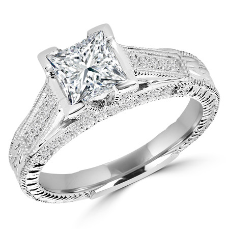 Princess Cut Diamond Vintage Multi-Stone V-Prong Engagement Ring with Round Diamond Accents in White Gold - #2028LP-W