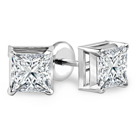 Princess Cut Diamond Solitaire V-Prong Stud Earrings with Screwbacks in White Gold - #S420-W