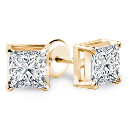Princess Cut Diamond Solitaire V-Prong Stud Earrings with Screwbacks in Yellow Gold - #S420-Y